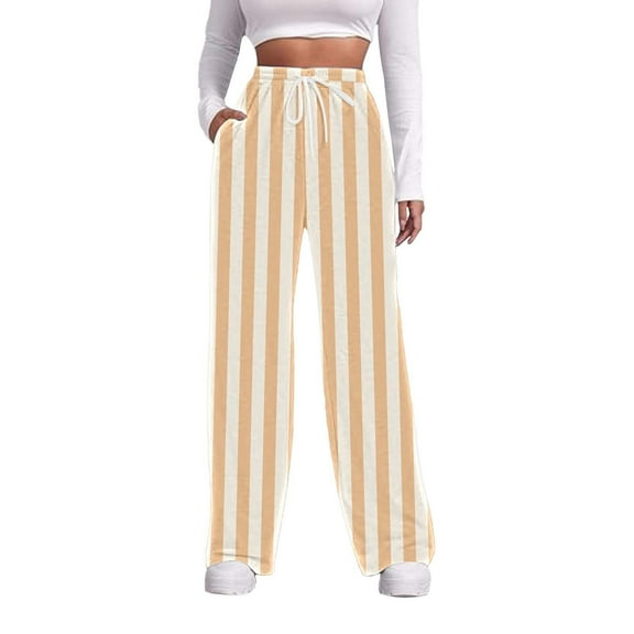 Audhol Striped Pants Women Womens Sweatpants with Pockets Drawstring Elastic Waisted Heart Print Bottom Pants Baggy Casual Trousers Womens Elastic Waist Pants Yellow L