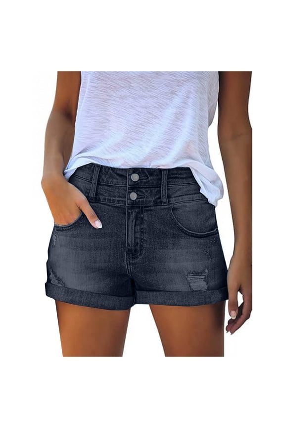 Summer Shorts for Women, Women's Ripped Pocket Jeans with Rolled Edge Casual Shorts Women Jean Shorts Black M