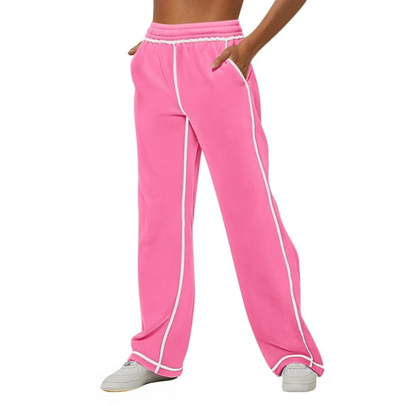 Audhol Sweat Pants for Womens, Women High Waisted Contrasting White Edge Loose Sports Pants Comfortable High Waisted Jogging Pants with Pockets Casual Sweatpants Wide Leg Sweatpants Hot Pink M