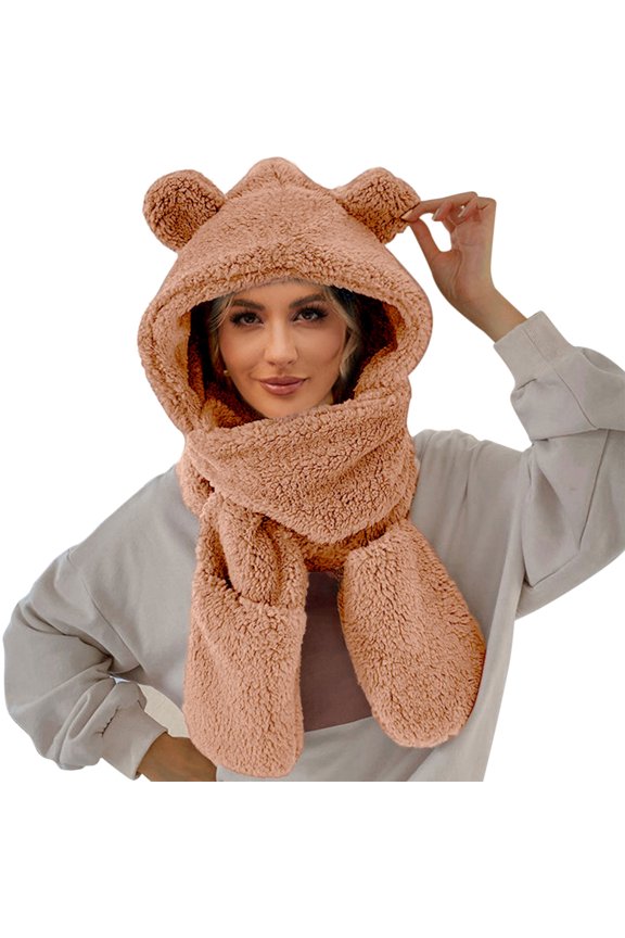 Thermal Women Beanie Winter Cute Bear Ear Warm Hat Women Plush Earflap Hat Windproof Cap Hat With Ears And Hood Hat Scarf 2 In 1 Hooded Scarf For Women Warm Knitted Cap Brown A