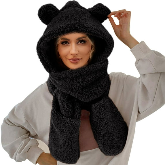 Audhol Thermal Women Beanie Winter Cute Bear Ear Warm Hat Women Plush Earflap Hat Windproof Cap Hat With Ears And Hood Hat Scarf 2 In 1 Hooded Scarf For Women Warm Knitted Cap Black A