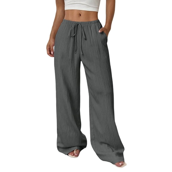 Audhol Wide Leg Pants Woman, Women's Linen Like Polyester Pants Wide Leg Summer Beach Pants Baggy Pants Women Dark Gray XL
