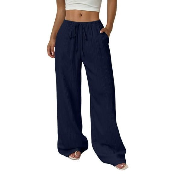 Audhol Wide Leg Pants Woman, Women's Linen Like Polyester Pants Wide Leg Summer Beach Pants Baggy Pants Women Navy L