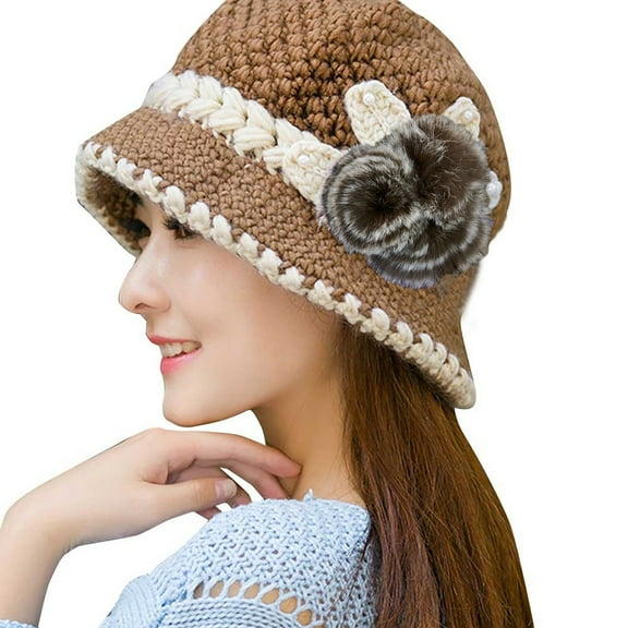 Audhol Winter Bucket Hats for Women Fashion Women Lady Winter Warm Crochet Knitted Flowers Decorated Ears Hat Kh Church Hats for Women Khaki One Size