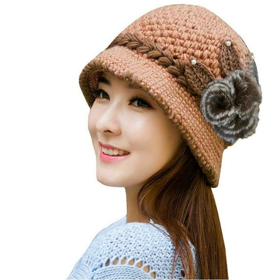 Audhol Winter Bucket Hats for Women Fashion Women Lady Winter Warm Crochet Knitted Flowers Decorated Ears Hat Pk Church Hats for Women Pink One Size