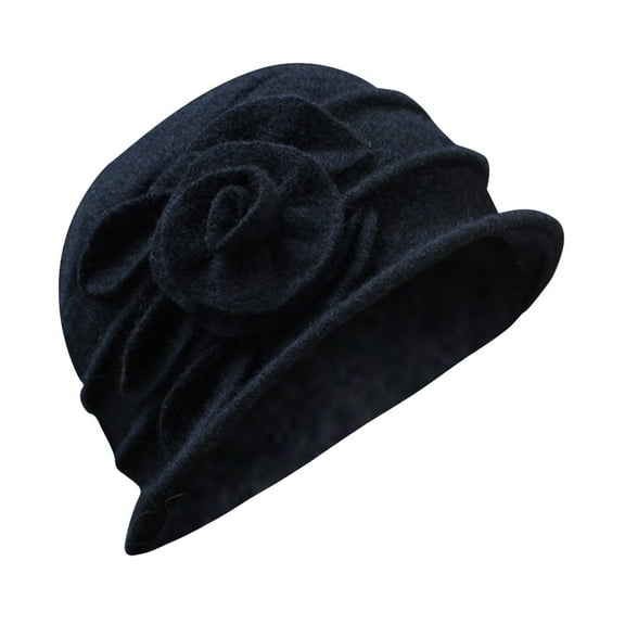 Audhol Winter Bucket Hats for Women Women's Ladies Elegant Wool Flower Hat Winter Vintage Cloche Bucket Cap Church Hats for Women Black One Size