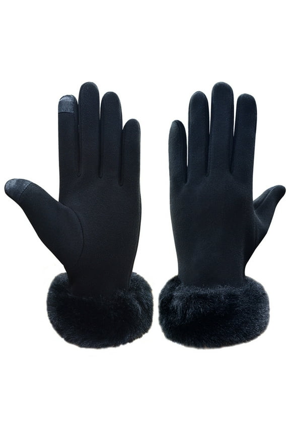 Winter Gloves Women Leopard Print Polyester Gloves with Faux Cuffs Gloves for Women Black One Size