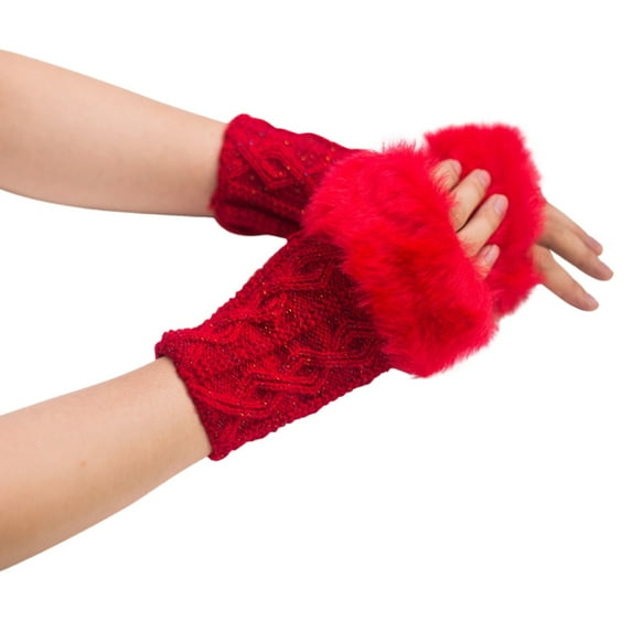 Audhol Winter Gloves Women's Diamond Wool Open Finger Gloves Faux Wool Half Finger Gloves Short Gloves Gloves for Cold Weather Red A