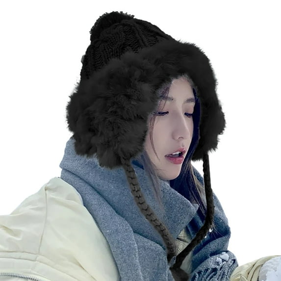 Audhol Winter Hats for Women Women'S Foldable Handmade Ear Warm Wool Cap Cute Outdoor Ear Cap Knitted Hat Beanie for Women Black One Size