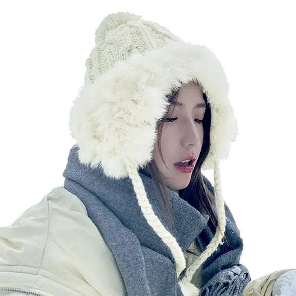 Audhol Winter Hats for Women Women'S Foldable Handmade Ear Warm Wool Cap Cute Outdoor Ear Cap Knitted Hat Beanie for Women White One Size