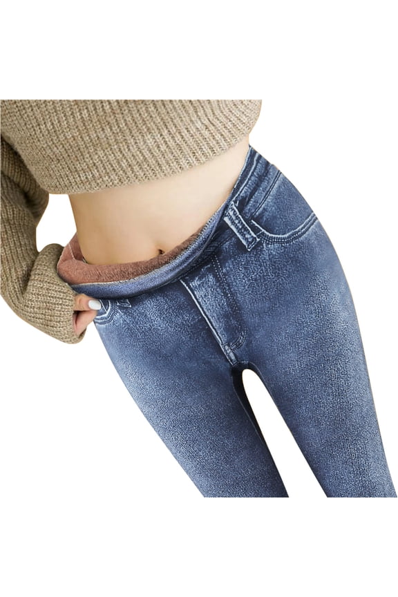 Winter Jeans for Women Women's Imitation Denim High Waist Loose Thickened Warm Plush Straight Long Pants Stretch Pants Stretch Jeans for Women Light Blue M