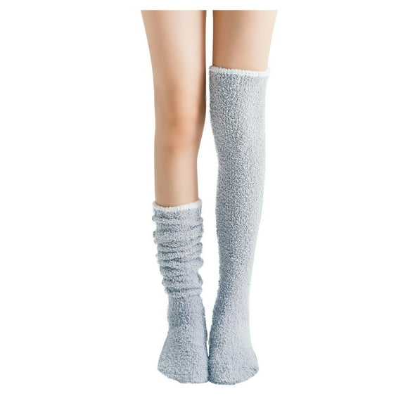 Audhol Winter Socks for Women Women's Solid Fuzzy Socks Winter Warm Over Knee High Socks Home Thigh-High Warm Socks Leggings Long Socks for Women Grey One Size