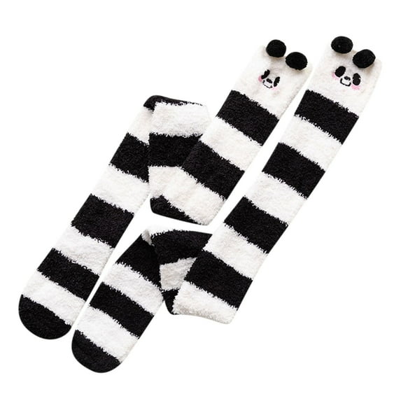 Audhol Winter Socks for Women Womwn Coral Fleece Socks Over The Knee Thicken Warm Sleeping Towel Striped Socks Women's Socks Black One Size