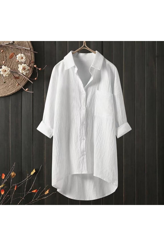 Women's Casual Long Shirt Cotton Linen Long Sleeve V Neck Elegant Blouse Top Loose Oversized Lightweight Daily Wear Tunic for Women, White, S