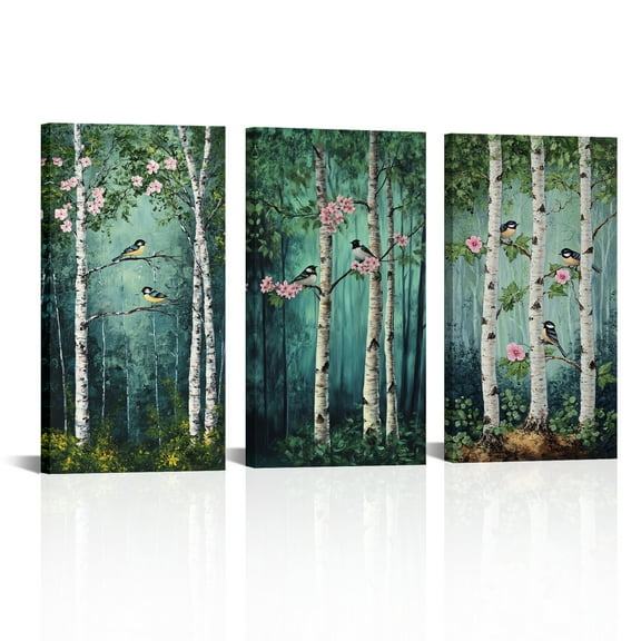 Visual Art Decor Birch Trees Framed Wall Art - 8x16inch Tri-Panel Canvas Set of 3, Green Leaves Forest Painting, Modern Nature Decor Ready to Hang