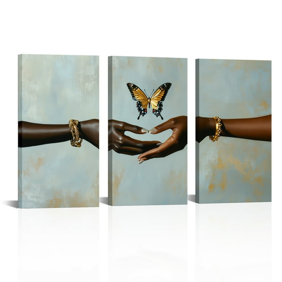 Visual Art Decor Black Woman Empowerment Framed Wall Art - 8x16inch Tri-Panel Canvas Set of 3, Butterfly & Long Nails Afrocentric Decor, Modern Boho Ready to Hang