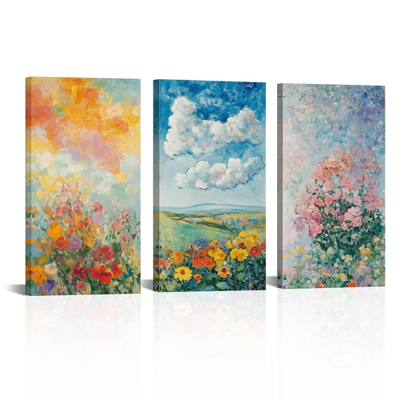 Visual Art Decor Blue Sky Garden Oil Painting Framed Wall Art - 8x16inch Tri-Panel Set of 3, Classic Impressionist Landscape, Modern Country Decor Ready to Hang