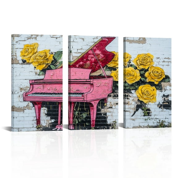 Visual Art Decor Graffiti Roses & Piano Canvas Wall Art - 3 Panel Abstract Urban Trio Set 8x16 Inch, Ready to Hang Modern Music Floral Dcor for Bedroom, Living Room & Studio