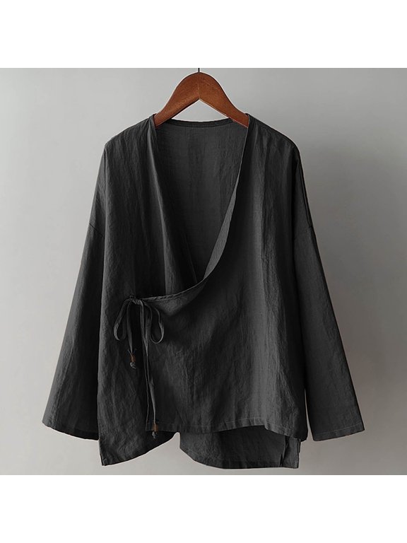 Women's Cotton Linen Hanten Cardigan Long Sleeve Wrap Front Retro Costume Irregular Shirt Top Loose Fit Daily Boho Blouse for Women, Black, 2Xl