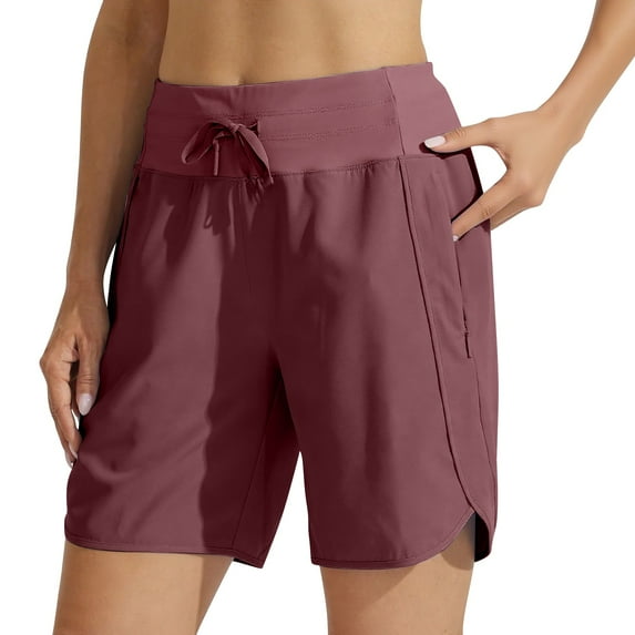 Audhol Womens Athletic Shorts, Womens Wide Leg Yoga Shorts High Waisted Shorts Summer Gym Athletic Workout Long Shorts with Pockets High Waisted Shorts Women Wine L