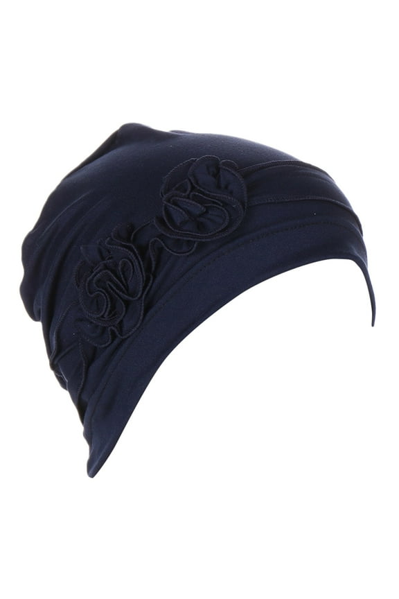 Womens Hats Fashion Flower Head Hat Cap Ethnic Bohemian Floral Hair Cover Wrap Turban Headwear Turban Cap Pleated Hat Silk Bonnet Navy One Size