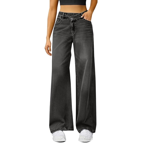 Audhol Womens Jeans, Jeans for Women High Waist Baggy Wide Leg Jeans Stretchy Denim Pants Stretchy Jeans for Women Black L