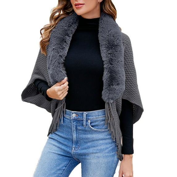 Audhol Womens Large Cross Front Poncho Sweater Wrap Topper Knitted Elegant Shawls Cape for Fall Winter Outerwear With Fashionable Solid Color Knitted Tassel Cape Shawl Warm Poncho Sweater Grey A
