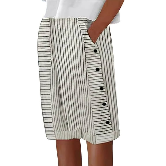 Audhol Womens Linen Pants Women's Cotton and Linen Striped Elastic Waistband High Waistband Pockets Side Buttons Loose Casual Pants Three Quarter Pants Striped Pants Women White S