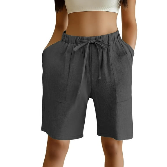 Audhol Womens Linen Shorts! Womens Summer High Waist Shorts Casual Comfortable Drawstring Elastic Waist Solid Color Loose Shorts with Pockets Linen Shorts for Women Grey1 L
