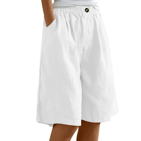 Audhol Womens Shorts Casual Women's Summer Cotton Linen Shorts Loose Fit Elastic Waist Knee Length Cosy Shorts Casual Beach Shorts with Pockets Lounge Shorts Women White L