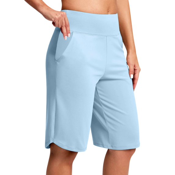 Audhol Womens Shorts with Pockets, Womens Shorts High Waisted Athletic Long Shorts Plus Size Wide Leg Yoga Pants Yoga Shorts Light Blue 2XL