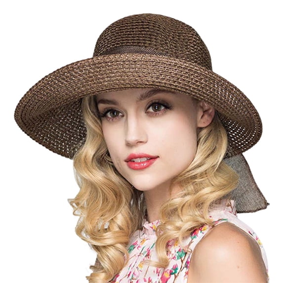 Audhol Womens Straw Fedora Beach Sun Hat Women's Bowknot Beach Sun Hat Foldable Fisherman Hat Summer Sunshade Women's Sun Hat Ultra Wide Brim Sun Hat Coffee One Size