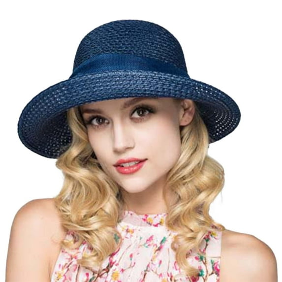 Audhol Womens Straw Fedora Beach Sun Hat Women's Bowknot Beach Sun Hat Foldable Fisherman Hat Summer Sunshade Women's Sun Hat Ultra Wide Brim Sun Hat Blue One Size