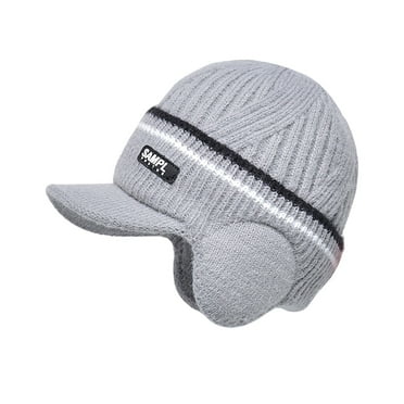 Audhol Wool Baseball Cap Men Winter Hat Fleece Lined Cuff Knit Hats with Visor Warm Earflaps Ski Cap Baseball Cap Men Grey One Size