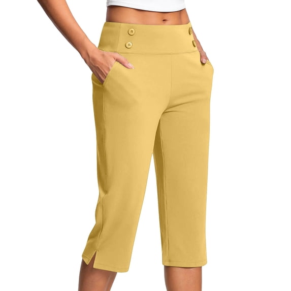 Audhol Yoga Capris with Pockets for Women, Pants for Women High Waisted Crop Work Pants Summer Casual Slacks Yoga Dress Pant Capri Yoga Pants for Women Yellow 3XL