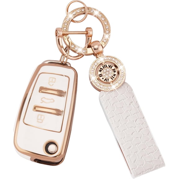 for Audi Key Fob Cover 3 Buttons TPU Soft Key Shell Case Fit for Audi A1 A3 A4 A6 A8 Quattro Q3 Q7 S3 S6 RS3 RS6 R8 TT TTS Flip White Car Key Protector with Bling Keychain
