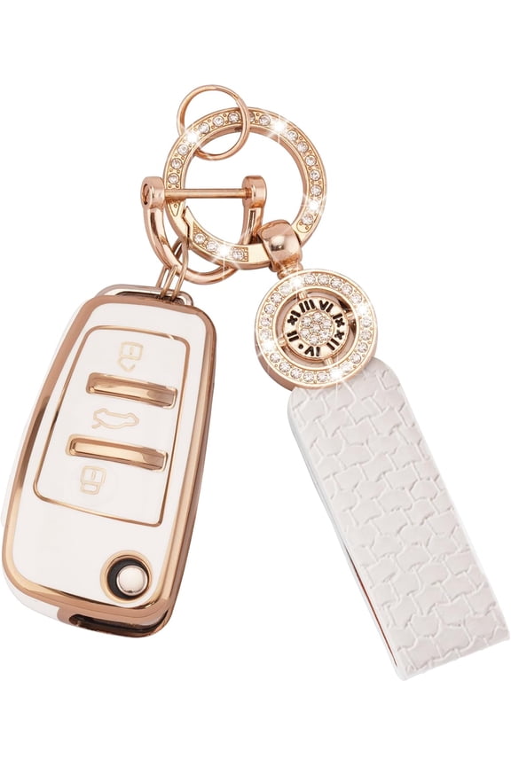 for Audi Key Fob Cover 3 Buttons TPU Soft Key Shell Case Fit for Audi A1 A3 A4 A6 A8 Quattro Q3 Q7 S3 S6 RS3 RS6 R8 TT TTS Flip White Car Key Protector with Bling Keychain