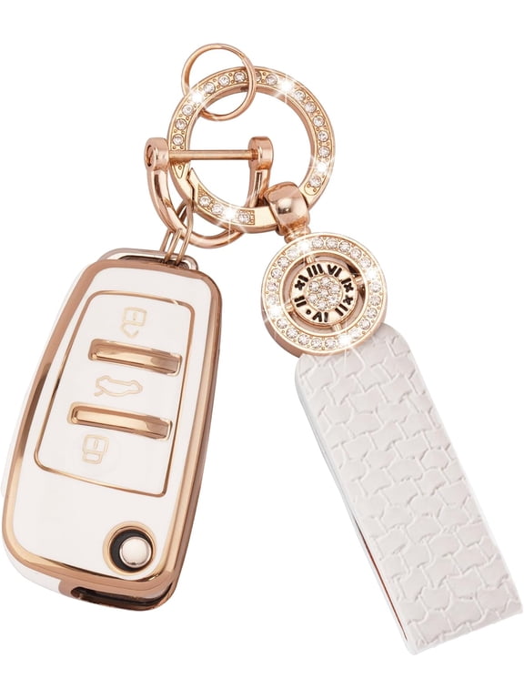 for Audi Key Fob Cover 3 Buttons TPU Soft Key Shell Case Fit for Audi A1 A3 A4 A6 A8 Quattro Q3 Q7 S3 S6 RS3 RS6 R8 TT TTS Flip White Car Key Protector with Bling Keychain