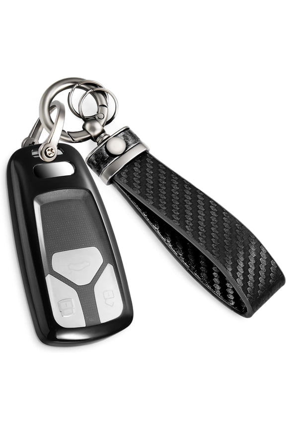 for Audi Key Fob Cover with Carbon Fiber Belt Keychain, Stylish Soft TPU Key Case for Audi A4 A5 A6 Q3 Q5 Q7 TT TTS S4 RS4 R8 Series Smart Key with Upgraded Anti-Lost Metal