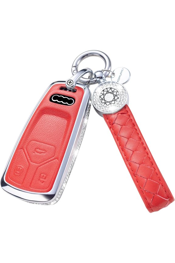 for Audi Key Fob Cover with Keychain, Genuine Leather Crystal Full Protection Key Case Shell Compatible with A6L A6 A7 A8 Q7 Q8 E-Tron 2018-2022 A3 S3 S6 SQ7 RS6 S7 RS7 Smart Key