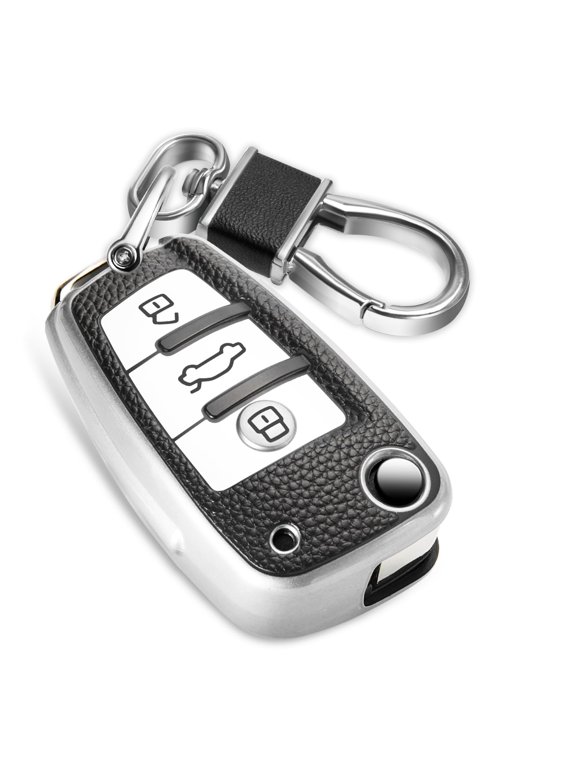 for Audi Key Fob Cover with Leather Keychain, Advanced Soft TPU Surface Grain Key case for A1 A3 A4 A5 A6 Q3 Q5 Q7 TT S3 R8 etc Key Fob Shell Keychain
