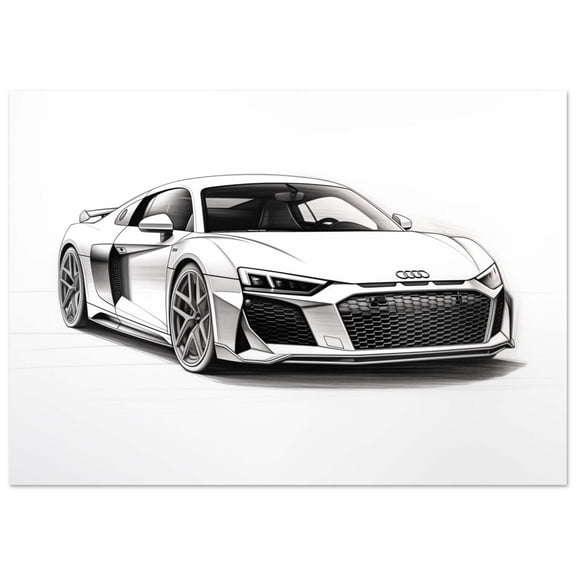 Audi R8 Front View – Detailed Grayscale Pencil Sketch, Monochrome Sports Car