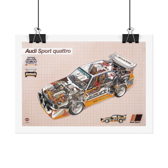 Audi Sport Quattro S1 Car Poster, Vintage Rally Blueprint, Unframed Paper Poster 8x10in