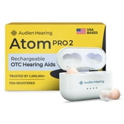 Audien Hearing Atom Pro 2 OTC Rechargeable Hearing Aids, Noise Cancelling, Universal Fit, 1 Pair