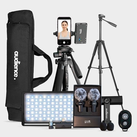 Audience Vlogging Kit for iPhone & Android — 72" Tripod with Dual Wireless Mics, LED Light, Phone Mount, Bluetooth Remote & Travel Case