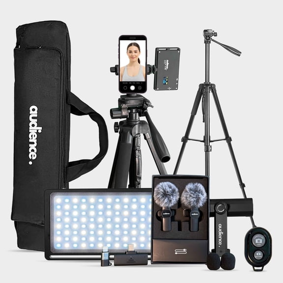 Audience Vlogging Kit for iPhone & Android  72" Tripod with Dual Wireless Mics, LED Light, Phone Mount, Bluetooth Remote & Travel Case