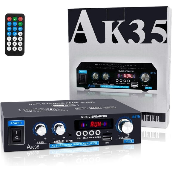 Audio Amplifier Receivers 200W  5.0 RMS 30W x 2 AK35 Stereo Receiver for Speakers 2.0  Power Amp with Bass & Treble Remote Control w/USB/TF/MIC/AUX Input