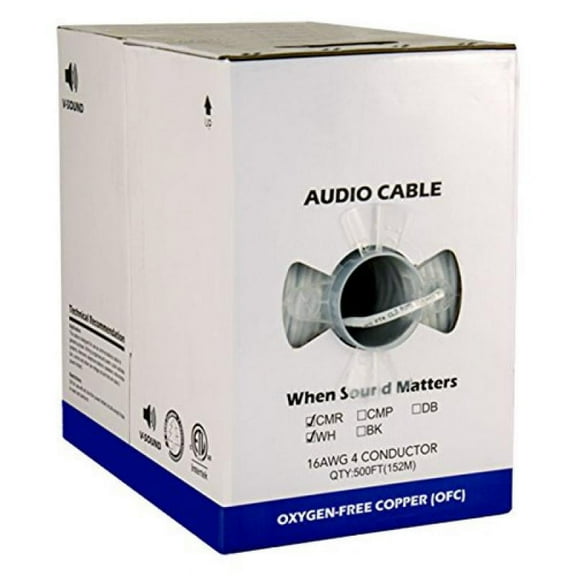 Audio Cable, 16AWG, 4 Conductor, 65 Strand, 500 ft, PVC Jacket, Pull Box, White