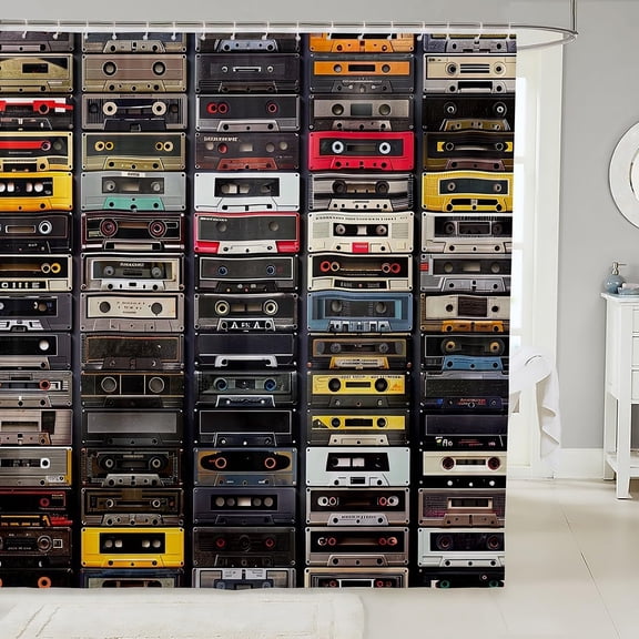 Audio Cassettes Retro Music Theme Shower Curtain for Kids Men Women Retro Musical Old Mixtape Bathroom Curtain Hip-Hop Hippie Hipster Bathroom Decor