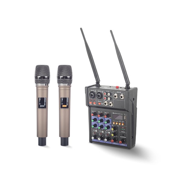Audio Dj Mixer 4 Channels Console With UHF Wireless Microphone Sound Mixing 48V Phantom Power , Studio. ,Easy to Use